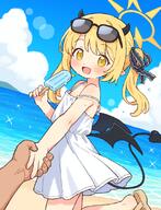 1 1boy 1girl 2025 2d_art 93857864_user_kzpj8227 asymmetrical_hair bare_arms bare_shoulders beach black_horns black_ribbon black_tail black_wings blonde_hair blue_archive blue_sky blush commentary_request d day demon_girl demon_horns demon_tail demon_wings dress eyewear_on_head female flat_chest food general hair_ribbon halo holding holding_food holding_hands horns ibuki_(blue_archive) loli looking_at_viewer male onyhakase open_mouth outdoors pixiv pixiv_131744432 pixiv_93857864 popsicle ribbon sky sleeveless sleeveless_dress smile solo_focus strap_slip sundress sunglasses tail user_kzpj8227 white_dress wings yellow_eyes イブキちゃん＋ オニー博士@fanbox🔞 // 850x1112 // 844.7KB