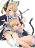 2girls absurdres animal_ear_headphones animal_ears apron ass aviary bad_id bad_pixiv_id black_dress blonde_hair blue_archive blush cat_tail commentary dress fake_animal_ears female frilled_apron frilled_dress frills green_eyes green_halo halo headphones highres legwear loli long_sleeves maid maid_apron maid_headdress midori_(blue_archive) midori_(maid)_(blue_archive) momoi_(blue_archive) momoi_(maid)_(blue_archive) multiple_girls official_alternate_costume open_mouth panties red_eyes sensitive short_hair siblings simple_background sisters striped striped_clothes striped_panties tail thighhighs twins underwear v white_apron white_background white_legwear white_thighhighs // 1940x2705 // 3.0MB