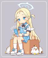 1girl angel's_24_uniform_(blue_archive) angel_wings apron bangs black_bow black_bowtie blonde_hair blue_apron blue_archive blue_eyes blue_ribbon bow bowtie box bright_pupils cellphone closed_mouth collared_shirt commentary_request contrast_collar female flip_phone full_body general grey_background hair_ornament hair_ribbon halo holding holding_phone juice_box legwear long_hair mini_wings on_box onyhakase parted_bangs peroro_(blue_archive) phone ribbon scrunchie shirt shoes short_sleeves sitting sneakers socks solo sora_(blue_archive) strap_slip stuffed_toy two_side_up white_halo white_legwear white_pupils white_shirt white_shoes white_socks white_wings wings wrist_scrunchie // 700x850 // 333.5KB