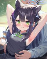 1boy 1girl 2024 absurdres animal_ear_fluff animal_ears armpit_crease armpits arms_behind_head arms_up aviary bad_id bad_pixiv_id black_dress black_hair blue_archive blush breasts china_dress chinese_clothes closed_mouth d dot_nose dress female green_eyes hair_ornament halo highres licking_lips loli long_hair looking_at_viewer male open_mouth sensitive shun_(blue_archive) shun_(small)_(blue_archive) sidelocks sleeveless sleeveless_dress small_breasts smile sweat sweaty_armpits tiger_ears tongue tongue_out two_side_up wide-eyed // 2500x3125 // 5.0MB