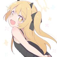 1girl bare_arms bare_shoulders black_bow black_camisole blonde_hair blue_archive blush bow brown_eyes camisole commentary d demon_horns fang from_side general hair_bow halo highres horns ibuki_(blue_archive) long_hair looking_at_viewer looking_to_the_side okota_mikan one_side_up open_mouth simple_background smile solo white_background // 2388x2388 // 276.1KB