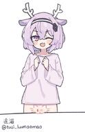 1girl antlers ausonlee bottomless deer_girl do_you_want_to_pet_my_cat_(meme) loli naked_shirt pink_eyes pink_hair pussy short_hair skin_fang wink // 573x886 // 206.6KB