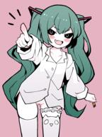 1girl aqua_hair black_sclera bottomless cleft_of_venus hatsune_miku mimukauwa_nice_try_(vocaloid) naked_shirt neko_stocking pink_background pointing simple_background skin_fang uno_miko // 1463x1949 // 423.1KB