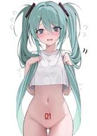 aqua_hair archway_of_venus bottomless cropped_shirt hatsune_miku missing_vagina naked_shirt simple_background skin_fang thigh_gap white_background // 1476x2048 // 233.6KB