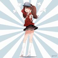 1girl black_skirt full_body kantai_collection katashiro miniskirt nervous_smile pleated_skirt red_shirt ryuujou_(kancolle) shirakaba // 1280x1280 // 94.9KB