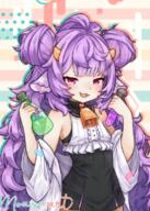 1girl abstract_background cowbell horns lab_coat looking_at_viewer muu_muyu phase_connect pink_eyes purple_hair skin_fang virtual_youtuber // 571x800 // 790.2KB