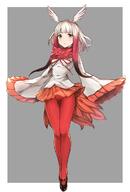 10s 1girl amber_eyes blunt_bangs feathered_tail full_body japanese_crested_ibis_(kemono_friends) kemono_friends long_sleeves looking_at_viewer luse_maonang multicolored_hair petite red_hair red_pantyhose tuft white_hair winged_headdress // 800x1181 // 535.5KB
