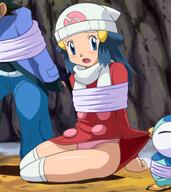 1boy 1girl alternate_outfit ash_ketchum assisted_exposure beanie blue_eyes blue_hair dawn_(pokemon) pantyshot piplup restrained scarf // 400x450 // 184.8KB