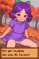 1girl casytay cleft_of_venus english_text jas_(stardew_valley) loli looking_at_viewer nopan pigtails purple_dress purple_eyes purple_hair sitting stardew_valley // 903x1350 // 58.3KB
