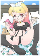 blonde_hair bottomless collar convenient_censoring crop_top glasses lying medium_breasts partially_visible_vulva phone pocky pointy_ears red_eyes short_puffy_sleeves succubus thighhighs white_border // 1200x1681 // 550.9KB