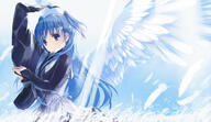 1_female angel_wings blue_eyes blue_hair chtholly_nota_seniorious dress feathered_wings feathers female from_side hat hat_removed headwear_removed holding holding_hat light_smile long_hair looking_at_viewer mature shuumatsu_nani_shitemasu_ka? solo ue wings with_hat // 1000x578 // 539.2KB