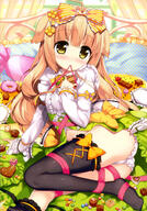 1_female absurd_resolution absurdres ahoge animal_ears arm_support asymmetrical_legwear black_legwear blonde_hair blush bow brown_hair camel_toe center_frills dog_ears dress ears eyebrows eyebrows_visible_through_hair feet female frilled_pillow frills fujima_takuya golden_eyes high_resolution light_brown_hair lingerie long_hair looking_at_viewer male navel no_shoes open_clothes open_shirt original panties pillow pink_ribbon ribbon safe scan shirt solo striped_bow striped_pattern tagme thigh-highs thigh_bow underwear very_high_resolution vividgarden white_panties white_underwear yellow_bow yellow_eyes // 2850x4094 // 1.8MB