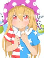 1_female american_flag_shirt arms_up blonde_hair blush clownpiece commentary_request danbooru eyebrows eyebrows_visible_through_hair fairy_wings fangs female hair_between_eyes hands_on_own_chest hat high_resolution highres jester_cap light_frown long_hair looking_at_viewer mizune_(winter) neck_ruff onomatopoeia polka_dot_hat purple_hat purple_headwear red_eyes safe simple_background solo sweat sweating_profusely thick_eyebrows touhou upper_body white_background wings // 901x1200 // 605.1KB