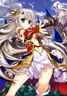 1_female absurd_resolution absurdres ahoge armor armored_dress blue_eyes breasts building castle cloud cloudy_sky dress female fujima_takuya hair_ornament hair_ribbon high_resolution holding holding_object holding_weapon long_hair mature medium_breasts midriff navel no_bra original outdoors polearm questionable red_ribbon ribbon safe scan silver_hair skirt sky solo tagme very_high_resolution vividgarden weapon white_skirt // 2868x4097 // 1.8MB