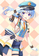 1_female alternate_hairstyle argyle argyle_background armband bangs blue_hair bow clenched_hand collarbone eyebrows_visible_through_hair female headwear light_blue_hair long_hair looking_at_viewer midriff navel open_mouth overskirt police police_hat police_uniform policewoman ponytail purple_eyes safe salute side_ponytail smile solo star striped_bow striped_pattern thigh_pouch tie_clip tied_hair twitter_username uniform vest // 630x900 // 499.2KB