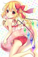 1_female ass bare_arms bare_legs bare_shoulders barefoot beads bikini blush bow commentary_request crystal eyebrows_visible_through_hair feet_out_of_frame female flandre_scarlet food from_behind hair_beads hair_between_eyes hair_bow hair_clip hair_ornament hair_tie hairclip halterneck high_resolution holding holding_food ice_cream ice_cream_cone innertube long_hair looking_at_viewer looking_back no_hat no_headwear p ponytail raised_leg red_bikini red_bow_ornament ruhika safe seashell_hair_ornament side-tie_bikini side_ponytail silhouette simple_background smile solo star starry_background swimsuit thighs tied_hair tongue tongue_out touhou touhou_project white_background wings x_hair_ornament // 1016x1516 // 244.6KB