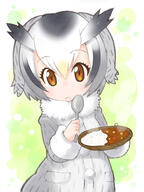 10s 1_female blonde_hair brown_eyes colored_pencil curry curry_rice female food frown fur fur_collar fur_trim grey_coat hakkatou head_wings holding holding_spoon kemono_friends long_sleeves mature multicolored_hair northern_white-faced_owl_(kemono_friends) plate rice solo spoon traditional_media white_hair wings // 720x960 // 332.0KB