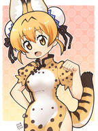 1_female adapted_costume animal_ears blonde_hair bun_cover china_dress chinese_clothes commentary_request cowboy_shot d dated double_bun dress ears extra_ears eyebrows_visible_through_hair female hair_between_eyes hakkatou hand_on_hip kemono_friends looking_at_viewer open_mouth paw_pose print_dress puffy_short_sleeves puffy_sleeves serval_(kemono_friends) serval_ears serval_print serval_tail short_hair short_sleeves side_slit smile solo tail yellow_eyes // 720x960 // 462.6KB