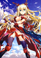 1_female absurd_resolution absurdres archway_of_venus armor art bikini black_legwear blonde_hair blue_eyes blue_sky blush breasts day female fingerless_gloves fujima_takuya gloves high_resolution highres holding_object holding_weapon large_breasts long_hair looking_at_viewer mecha_musume official_art outdoors questionable revealing_clothes sankaku_channel scan skindentation skirt sky solo stars swimsuit sword thigh-highs tongue very_high_resolution weapon yande.re // 2870x4090 // 1.8MB