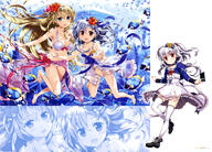 2_females absurd_resolution absurdres ahoge art bare_shoulders bikini black_footwear blonde_hair blue_eyes blue_hair blush bow bow_skirt bowtie bracelet breasts bubble card_(object) choker cleavage collarbone d day dress english english_text feet female fish fish_request flower flower_request fujima_takuya hair_bow hair_flower hair_ornament hibiscus high_resolution highres holding_object jacket jewelry large_breasts light_blue_hair long_sleeves looking_at_viewer multiple_females navel official_art open_clothes open_mouth outdoors pink_bow print_dress puffy_sleeves purple_stripe raised_leg red_eyes rose sankaku_channel scan school_uniform seashell_bracelet seifuku shirt side-tie_bikini silver_hair simple_background skindentation skirt small_breasts smile star striped_pattern swimsuit text thigh-highs thighs tongue towel underwater underwater_city uniform very_high_resolution white_background white_dress white_legwear white_shirt white_stripes white_swimsuit zettai_ryouiki zoom_layer // 5683x4096 // 3.3MB