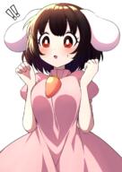 ! 1_female animal_ears bangs bare_arms black_hair blush bunny_ears carrot_necklace danbooru dress ears eyebrows_visible_through_hair female inaba_tewi jewelry jumping medium_breasts open_mouth pink_dress puffy_short_sleeves puffy_sleeves red_eyes short_hair short_sleeves simple_background solo sweat sweatdrop touhou tsukimirin // 1500x2121 // 1.1MB