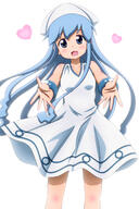 1_female absurd_resolution absurdres bare_shoulders blue_eyes blue_hair blush bracelet d eyebrows eyebrows_visible_through_hair female head_tilt heart high_resolution ika_musume jewelry kiyu_(doremi's_party) looking_at_viewer matching_haireyes open_mouth shinryaku!_ika_musume simple_background sleeveless_dress sleeveless_outfit smile solo spread_fingers thighs very_long_hair white_background white_dress // 2400x3600 // 1.0MB