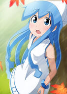 1_female autumn_leaves bangle bare_shoulders blue_eyes blue_hair blush bracelet breasts collarbone dress female gandoru hat high_resolution ika_musume jewelry leaf looking_at_viewer maple_leaf o open_mouth safe shinryaku!_ika_musume shinryaku!_ikamusume sleeveless_dress sleeveless_outfit small_breasts solo squid_hat sundress tentacle_hair // 1200x1690 // 1.4MB