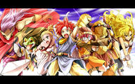 1610_aspect_ratio 3_females 4_males ayla blonde_hair bow_(weapon) cape chrono_(series) chrono_trigger colorful crossbow everyone female fight_stance firearm frog group jumping kaeru letterboxed long_hair long_sleeves male multiple_females multiple_males open_mouth orange_outfit ponytail purple_hair red_hair reki_48 ringlets safe spiky_hair sword tied_hair // 1280x800 // 798.6KB