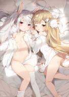 2_females ;o ahoge animal_ears ass asymmetrical_legwear azur_lane bare_shoulders bed_sheet blonde_hair blush breasts brown_eyes bunny_ears collarbone commentary_request dress_shirt ears eldridge_(azur_lane) facial_mark feet_out_of_frame female fingernails groin hair_tie hand_holding head_tilt high_resolution highres holding_hands interlocked_fingers laffey_(azur_lane) loli lolibooru long_hair long_sleeves lying lying_down mafuyu_(chibi21) multiple_females naked_shirt navel o off_shoulder on_back on_side one_eye_closed open_clothes open_shirt parted_lips pillow purple_eyes questionable shirt sidelocks silver_hair sleeves_past_wrists small_breasts thigh-highs thighhighs_pull tied_hair twintails twitter_username very_long_hair white_legwear white_shirt yuri 銀髪ツインテール // 1032x1457 // 1.4MB