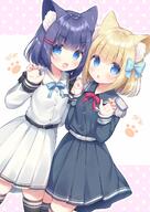 2_females animal_ear_fluff animal_ears belt belt_buckle black_belt black_hair black_legwear blonde_hair blue_bow blue_eyes blush bow buckle cat_ears claw_pose collared_shirt commentary_request d dress_shirt ears epaulettes fangs female grey_shirt grey_skirt hair_bow hair_clip hair_ornament hairclip hand_holding hands_up high_resolution interlocked_fingers long_sleeves looking_at_viewer mature multiple_females nekomimi o open_mouth parted_lips pink_background pleated_skirt polka_dot polka_dot_background rukiroki safe sasugano_roki sasugano_ruki shirt simple_background skirt sleeves_past_wrists smile thigh-highs two-tone_background usashiro_mani virtual_youtuber white_background white_belt white_shirt white_skirt // 1062x1500 // 238.7KB