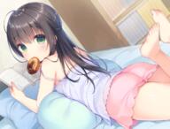 1_female bangs bare_arms bare_legs bare_shoulders barefoot bed black_hair blurry blurry_background blush book bookshelf braid camisole depth_of_field doughnut feet female fingernails food food_in_mouth green_eyes hair_between_eyes holding indoors legs legs_up loli long_hair lying mouth_hold on_bed on_stomach original pink_shorts purple_camisole safe short_shorts shorts solo strap_slip tied_hair toenails usashiro_mani very_long_hair // 1200x912 // 1.0MB