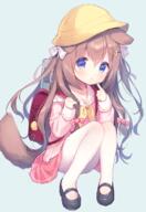 1_female animal_ears animal_tail azur_lane backpack bag bag_charm bangs black_footwear blue_eyes brown_hair candy_hair_ornament candy_wrapper canine charm_(object) child commentary_request contentious_content convenient_leg crescent crescent_hair_ornament dog dog_ears dog_girl dog_tail ears eyebrows_visible_through_hair female finger_to_mouth food_themed_hair_ornament footwear fumizuki_(azur_lane) grey_background hair_between_eyes hair_ornament hairclip hat headwear kindergarten_uniform loli lolibooru lolibooru.moe long_hair long_sleeves looking_at_viewer mammal mary_janes mature neckerchief o pantyhose parted_lips pink_shirt pink_skirt pleated_skirt randoseru safe school_hat shirt shoes simple_background sitting skirt sleeves_past_wrists solo tail usashiro_mani very_long_hair white_legwear yellow_hat yellow_headwear yellow_neckwear young // 800x1161 // 737.0KB