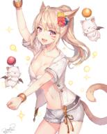1_female animal_ears arm_up bangs bikini bikini_top blonde_hair blue_flower blush bracelet breasts buttons cat_ears cat_girl catgirl cleavage collarbone cowboy_shot d dancing dated ears eyebrows eyebrows_visible_through_hair facial_mark fangs female final_fantasy final_fantasy_xiv flower flying grey_shorts hair_flower hair_intakes hair_ornament high_resolution jewelry long_hair looking_at_viewer medium_breasts miqo'te momoko_(momopoco) moogle navel one_arm_up open_clothes open_mouth open_shirt ponytail purple_eyes red_flower shiny shiny_skin shirt short_shorts shorts simple_background slit_pupils smile solo_focus square_enix stomach swimsuit tail tareme_eyes teeth tied_hair twitter_username white_background white_shirt yellow_flower // 1000x1250 // 1001.4KB