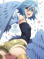 1_female ahoge art ass blue_hair blue_wings breasts copyright_name cover cowboy_shot dvd_cover feathered_wings feathers female harpy high_resolution monster_girl monster_musume_no_iru_nichijou official_art open_mouth papi papi_(monster_musume) short_hair shorts small_breasts smile solo tank_top wings yellow_eyes // 850x1126 // 178.0KB