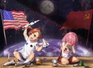 2_females american_flag astronaut bangs blue_eyes blue_shorts brown_hair child commentary crying d danbooru earth english_commentary feet female flat_chest full_moon hair_ornament high_resolution loli lolibooru.moe lulu-chan92 medium_hair moon multiple_females nasa no_shoes on_floor open_mouth original personification pink_hair planet red_hair red_shorts rocket russia sad safe safebooru shirt short_hair shorts smile socks source_request soviet soviet_flag space space_craft space_shuttle spacesuit t-shirt tears union_of_soviet_socialist_republics united_states_of_america wooden_floor young // 2000x1455 // 5.0MB