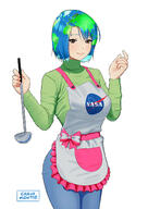 1_female apron artist_name breasts carlo_montie earth-chan female jeans medium_breasts nasa_logo original pants safe shirt simple_background sweater turtleneck_sweater two-tone_hair white_apron white_background white_bow // 1033x1462 // 232.9KB