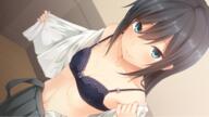 10s 1_female asashio_(kantai_collection) black_bra black_hair blue_eyes blush bow bow_bra bra closed_mouth collarbone dress_shirt dutch_angle female from_above grey_skirt indoors kantai_collection lace lace_bra long_hair looking_at_viewer looking_up mature nagami_yuu open_clothes open_shirt pleated_skirt safe shirt skirt smile solo swimsuit underwear undressing upper_body // 600x338 // 252.7KB