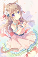 1_female animal_ears bare_shoulders blue_flower blush bow cat_ears catgirl dress ears eyebrows_visible_through_hair female flower hair_between_eyes hair_bow hair_flower hair_ornament hands_up light_brown_hair long_hair looking_at_viewer o original parted_lips pink_dress pink_flower purple_eyes safe solo striped_bow striped_pattern tail very_long_hair white_flower // 800x1194 // 431.6KB