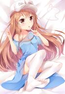 10s 1_female bangs bare_shoulders bed_sheet beige_shorts blue_shirt blush breasts brown_eyes brown_hair character_name clothes_writing collarbone commentary eyebrows_visible_through_hair female finger_to_mouth flat_cap hair_between_eyes hat hataraku_saibou headwear long_hair looking_at_viewer lying lying_down nahaki nahaki401 no_shoes off_shoulder on_back parted_lips platelet safe shirt short_shorts short_sleeves shorts signature small_breasts soles solo thigh-highs toes very_long_hair white_hat white_legwear はたらく細胞1000users入り 血小板 // 1000x1449 // 1.1MB
