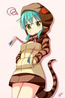 10s 1_female >( animal_tail aqua_hair bangs beige_background blue_ribbon blush bow closed_mouth commentary_request cowboy_shot eyebrows_visible_through_hair female gradient_ribbon green_eyes hair_between_eyes hands_in_pockets high_resolution hood hood_up hoodie kemono_friends long_sleeves looking_at_viewer mature mizutan64 pink_bow pink_ribbon ribbon signature simple_background snake_tail solo squiggle striped_hoodie striped_tail tail tsuchinoko_(kemono_friends) v-shaped_eyebrows // 800x1214 // 461.6KB