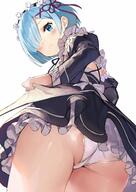 10s 1_female ass blue_eyes blue_hair blush close-up detached_sleeves dress dress_tug female frills from_below frown hair_ornament hair_over_one_eye hairband high_resolution highres looking_at_viewer looking_back looking_down matsui_hiroaki md5_mismatch panties rem rem_(zero) short_hair simple_background skirt solo third-party_edit underwear upskirt viewed_from_below white_background white_panties x_hair_ornament zero_kara_hajimeru_isekai_seikatsu // 1200x1697 // 315.7KB