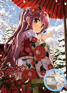1_female absurd_resolution brown_hair female flower from_below fujima_takuya hair_flower hair_ornament high_resolution japanese_clothes kimono long_hair looking_at_viewer looking_back oriental_umbrella original outdoors red_eyes red_flower red_umbrella scan sitting snow snow_bunny snowing solo tagme umbrella very_high_resolution very_long_hair viewed_from_below // 2868x3965 // 1.6MB