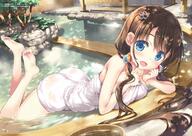 1_female absurdres ass barefoot bathing blue_eyes blush breasts brown_hair cleavage crease d day eyebrows_visible_through_hair feet female fujima_takuya hair_between_eyes hair_ornament high_resolution highres ikaho_hana long_hair looking_at_viewer lying mature medium_breasts naked_towel on_stomach onsen onsen_musume open_mouth outdoors sideboob smile soles solo tagme tied_hair toes towel twintails very_high_resolution wet yande.re // 4096x2900 // 1.4MB