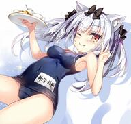 1_female ;) animal_ears azur_lane bangs bare_arms bare_shoulders black_bow blonde_hair blue_swimsuit blush bow breasts cat_ears commentary_request cookie covered_navel covered_nipples cup dutch_angle ears erect_nipples erect_nipples_under_clothes eyebrows_visible_through_hair fangs fangs_out female fingernails food fujima_takuya hair_between_eyes hair_bow hair_ornament hair_ribbon hand_up holding holding_tray long_hair looking_at_viewer mature medium_breasts name_tag navel nipples old_school_swimsuit one-piece_swimsuit one_eye_closed red_eyes ribbon school_swimsuit silver_hair smile solo sparkle swimsuit tail teacup teapot tied_hair tray twintails v visible_seams_on_crotch wink yukikaze_(azur_lane) // 800x756 // 108.4KB