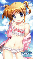 1_female archway_of_venus art ass_visible_through_thighs bikini blue_sky blush brown_hair cloud clouds collarbone cowboy_shot eyebrows_visible_through_hair female frilled_bikini frills fujima_takuya jacket legs_apart logo looking_at_viewer lyrical_nanoha mahou_shoujo_lyrical_nanoha navel ocean off_shoulder open_jacket open_mouth outdoors pink_jacket purple_eyes safe shiny shiny_hair shiny_skin sky solo spread_legs spreading standing swimsuit takamachi_nanoha tied_hair twintails violet_eyes water // 400x714 // 92.0KB