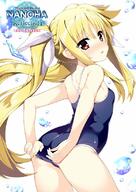1_female art ass blonde_hair blush commentary_request competition_swimsuit danbooru-safebooru female from_behind fujima_takuya gelbooru hair_ornament hair_ribbon hair_tie long_hair looking_at_viewer looking_back lyrical_nanoha mature official_art one-piece_swimsuit open_mouth ribbon sankaku_channel school_swimsuit simple_background solo swimsuit tied_hair white_background // 580x816 // 96.8KB