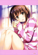 1_female absurd_resolution art bare_legs blush breasts brown_eyes brown_hair cleavage collarbone cup d day english english_text female fujima_takuya head_tilt heart heart_print high_resolution indoors jacket katou_megumi large_breasts legs looking_at_viewer medium_breasts multicolored_hearts no_pants open_mouth saenai_heroine_no_sodatekata sankaku_channel scan short_hair sitting smile solo striped_pattern teeth text tongue very_high_resolution window zipper // 2872x4093 // 1.1MB