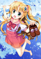 1_female absurd_resolution absurdres amiami_(company) amico arms_up art barefoot blonde_hair blue_sky blush bow bowtie breasts cloud collarbone copyright d day feet female footwear fujima_takuya full_body green_eyes hair_ornament hair_ornament_request hair_ribbon high-waist_skirt high_resolution highres holding_footwear jumping legwear_removed long_hair looking_at_viewer nail_polish official_art open_mouth outdoors polka_dot polka_dot_ribbon puffy_short_sleeves puffy_sleeves raised_leg ribbon ripples scan school_uniform seifuku shirt shoes short_sleeves skirt sky smile socks solo suspender_skirt suspenders toes tongue two_side_up uniform very_high_resolution water water_drop white_legwear white_polka_dots white_shirt // 2878x4089 // 1.6MB