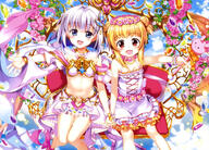 2_females absurd_resolution absurdres art bare_shoulders blonde_hair blue_eyes blue_sky blush bracelet breasts cleavage collarbone copyright d day double_bun dress earrings female flower fujima_takuya hair_ornament_request headdress high_resolution highres holding_object interlocked_fingers jewelry looking_at_viewer multiple_females navel necklace official_art open_mouth outdoors questionable red_eyes revealing_clothes sankaku_channel scan short_hair silver_hair sitting skirt sky sleeveless_outfit small_breasts smile tagme tongue very_high_resolution white_dress white_hair_ornament wreath wrist_scrunchie yellow_stripes // 5690x4086 // 4.1MB