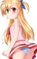 1_female ass blonde_hair blush breasts female green_eyes highres long_hair lyrical_nanoha mahou_shoujo_lyrical_nanoha_vivid panties red_eyes ribbon shiny simple_background skirt small_breasts solo underwear vivio white_background // 1051x1650 // 1.1MB